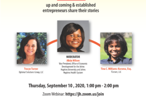 “Entrepreneurship Matters” is a conversation with local up and coming and established entrepreneurs. Date: Thursday, September 10, 2020, 1 PM to 2 PM. Speakers: Tracye Turner, Tina C.Williams-Koroma, Esq. Moderator: Alicia Wilson.