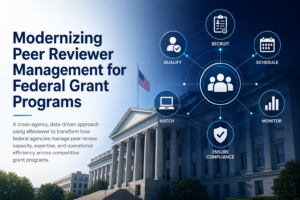 Modern whitepaper cover featuring an abstract government building background with connected icons illustrating peer reviewer management processes such as qualification, recruitment, scheduling, and monitoring.