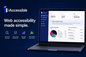 graphic showing a laptop dashboard, the text “Web accessibility made simple,” and four feature icons.