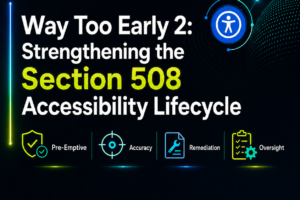 Way Too Early 2 webinar banner promoting Section 508 accessibility lifecycle topics, including pre-emptive planning, accuracy, remediation, and oversight