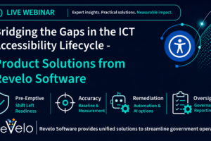 Live webinar banner for Revelo Software on bridging gaps in the ICT accessibility lifecycle through pre-emptive readiness, accuracy, remediation, and oversight.
