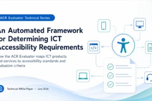 Cover of a technical white paper titled An Automated Framework for Determining ICT Accessibility Requirements. The illustration shows accessibility evaluation across multiple digital technologies, with icons for mobile devices, websites, computers, documents, laptops, and support services connected to a central accessibility symbol and a checklist representing automated standards-based assessment.