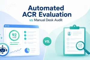 Illustration comparing automated Accessibility Conformance Report (ACR) evaluation with a manual desk audit. The left side shows an AI-powered dashboard with compliance scores, charts, and checklists, while the right side features a clipboard checklist and magnifying glass representing manual review, separated by a "VS." icon.