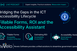 Banner promoting a live podcast titled "Bridging the Gaps in the ICT Accessibility Lifecycle: Fillable Forms, ROI and the Accessibility Assistant," featuring topics on accessible fillable forms, accessibility return on investment, and the Accessibility Assistant, with Revelo Software branding.