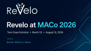 Promotional graphic for Revelo at MACo 2026 on a dark navy background with bright blue geometric lines. Text reads, “Revelo at MACo 2026,” followed by “Tech Expo Exhibitor, Booth 52, August 12, 2026,” and the conference theme, “Build What’s Next.”