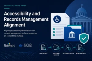 Technical white paper cover illustrating accessibility, records management, document review, and remediation workflow for government organizations.